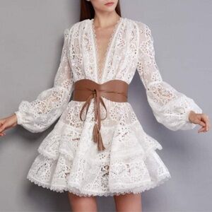 Bronx & Banco White Lace Mini Dress-Tan Waist Tie Belt and slip incl. NWT Sz S